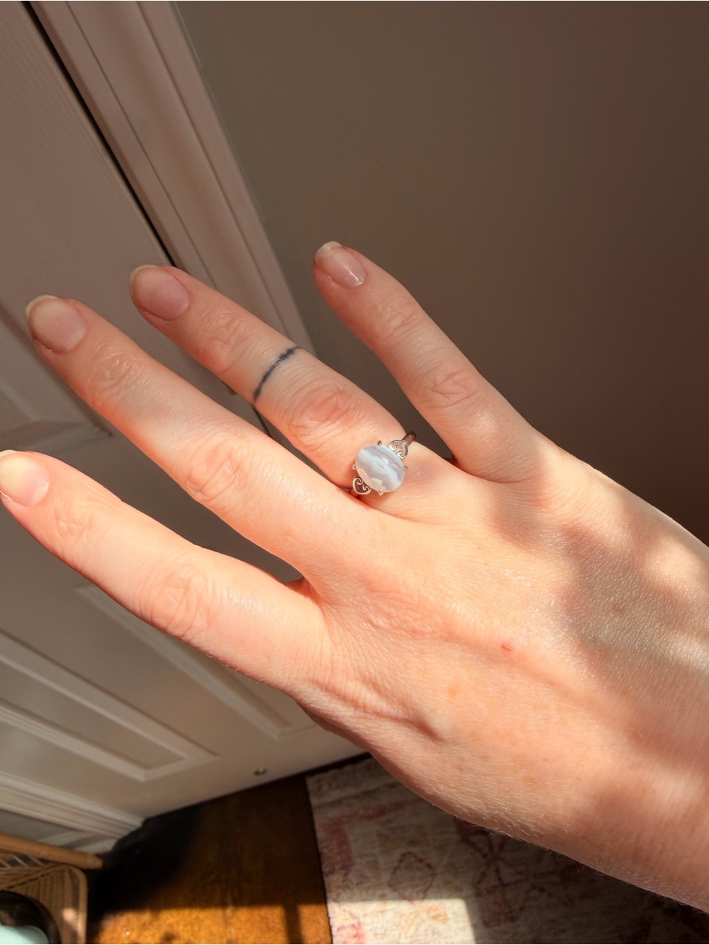 Silver Plated Blue Lace Agate Ring - Adjustable